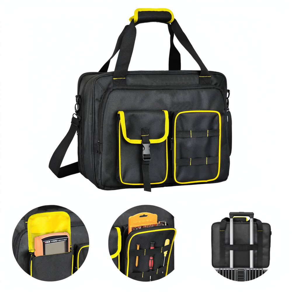 Heavy Equipment Electrician - 耐久性に優れたオックスフォード生地製の工具収納ケース。多機能で、電気工事士用のハンドバッグや、持ち運び可能なショルダーバッグとしても使用可能。メンテナンス用具の収納に最適。